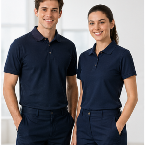 Corporate staff wearing navy polo shirts