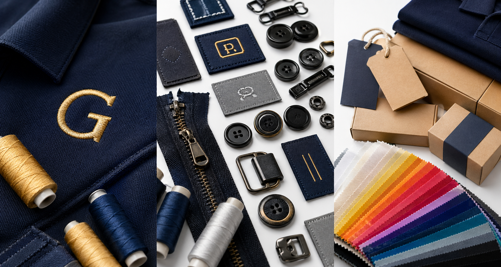Corporate apparel customization materials, embroidery, labels, buttons, color swatches and packaging