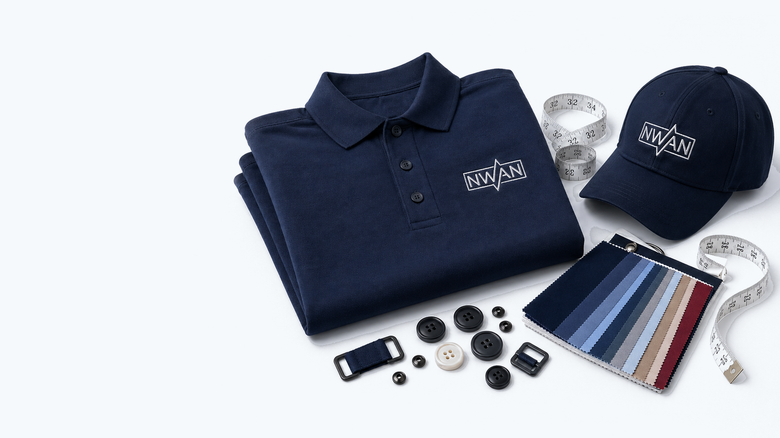 NWAN branded polo shirt, cap, measuring tape, buttons, and fabric swatches for corporate apparel programs