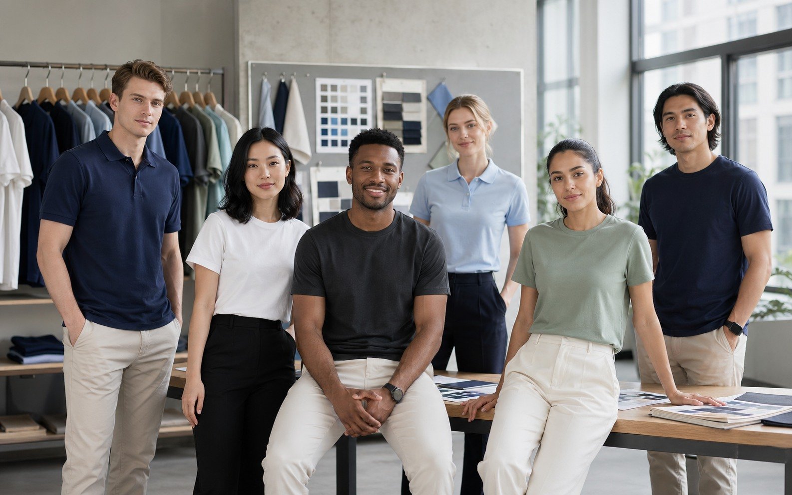 International team wearing corporate polo shirts and T-shirts for branded apparel programs