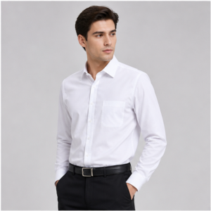 Realistic male model wearing the 2501 white smooth woven long sleeve corporate dress shirt with logo-free button-front styling