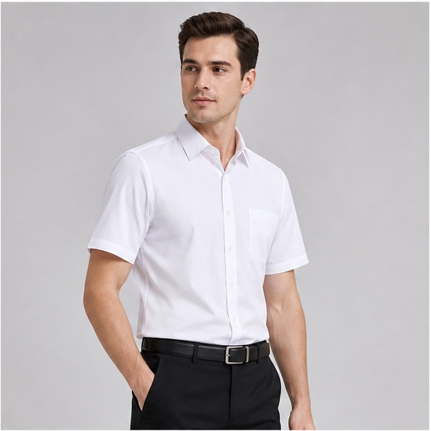 Realistic male model wearing the 2501 white smooth woven short sleeve corporate dress shirt with logo-free button-front styling