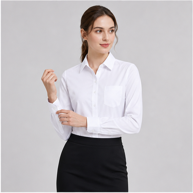 Realistic female model wearing the 2501 white smooth woven long sleeve corporate shirt blouse with logo-free button-front styling