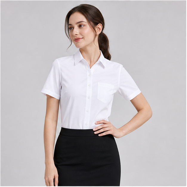 Realistic female model wearing the 2501 white smooth woven short sleeve corporate shirt blouse with logo-free button-front styling