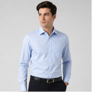 Realistic male model wearing the 2502 light blue smooth woven long sleeve corporate dress shirt without logo or watermark