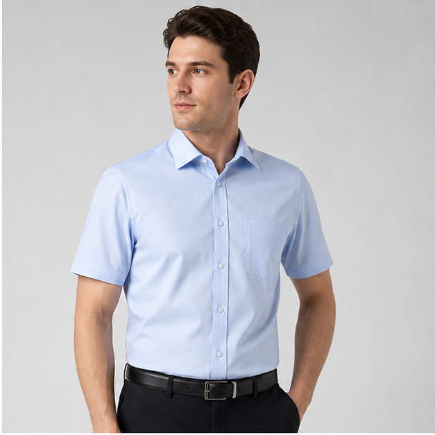 Realistic male model wearing the 2502 light blue smooth woven short sleeve corporate dress shirt without logo or watermark