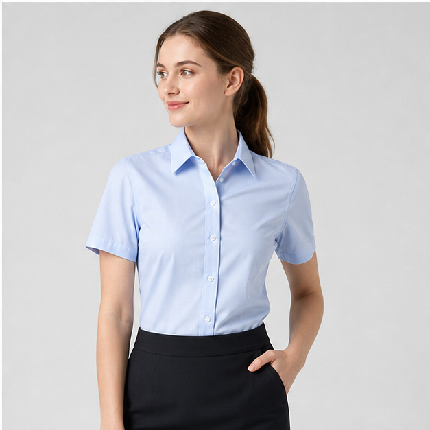 Realistic female model wearing the 2502 light blue smooth woven short sleeve corporate shirt blouse without logo or watermark