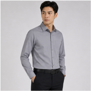 Realistic male model wearing the 2503 gray smooth woven long sleeve corporate dress shirt without logo or watermark