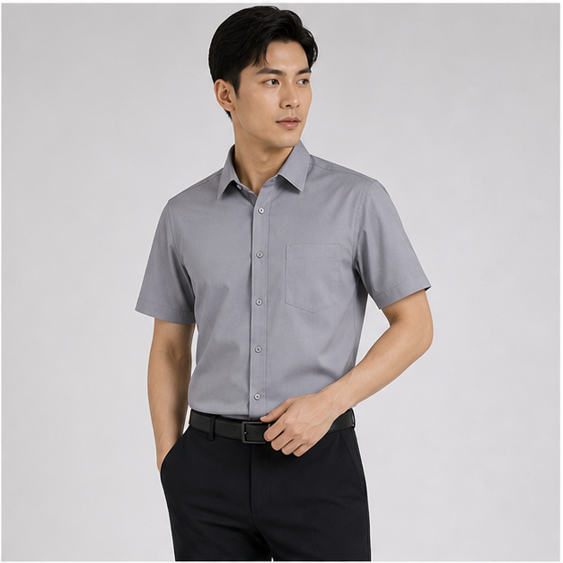 Realistic male model wearing the 2503 gray smooth woven short sleeve corporate dress shirt without logo or watermark