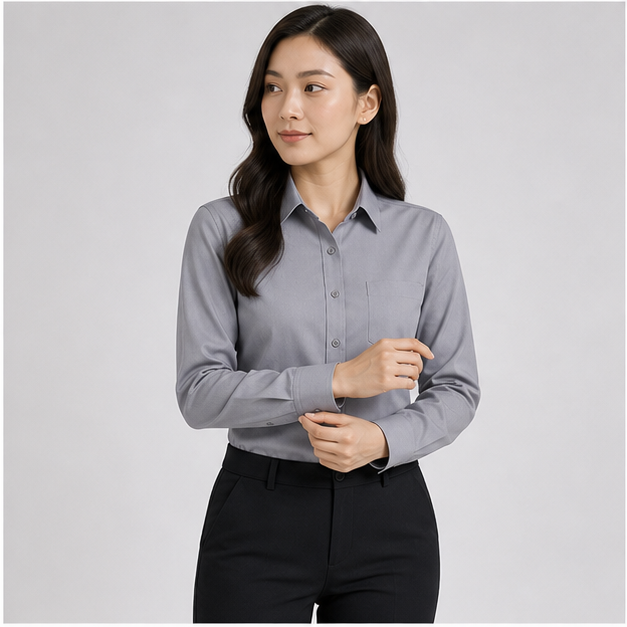 Realistic female model wearing the 2503 gray smooth woven long sleeve corporate shirt blouse without logo or watermark