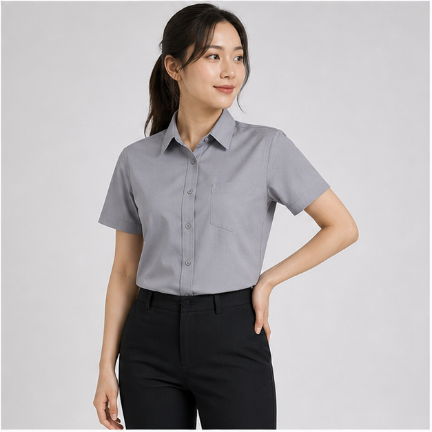 Realistic female model wearing the 2503 gray smooth woven short sleeve corporate shirt blouse without logo or watermark
