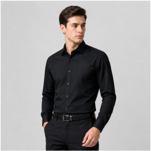Realistic male model wearing the 2504 black matte smooth woven long sleeve corporate dress shirt without logo or watermark
