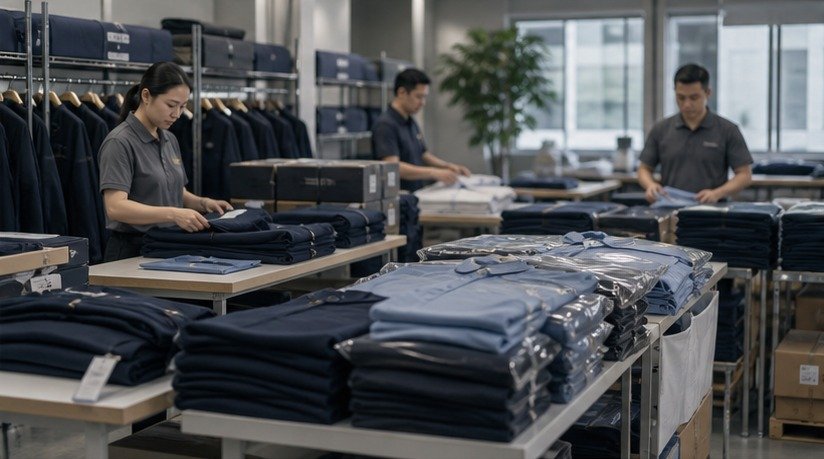 Editorial view of uniform finishing and packaging workflow