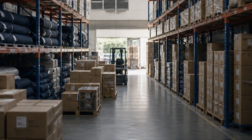 Editorial view of organized fabric and uniform warehouse