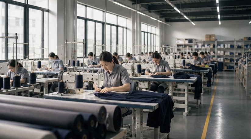 Editorial view of a modern uniform production workshop