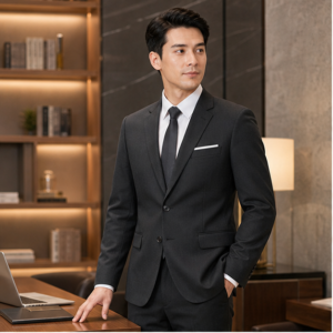 Male hotel manager wearing a charcoal tailored suit jacket