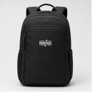 Black laptop backpack with subtle NWAN logo on front pocket