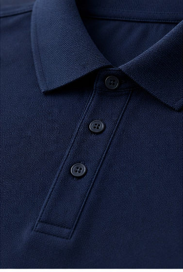 Navy commuter polo shirt collar and three-button placket detail