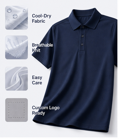 Cool-dry commuter polo shirt feature detail infographic