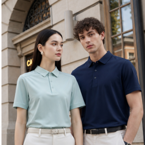 Custom cool-dry commuter polo shirts worn by business casual models