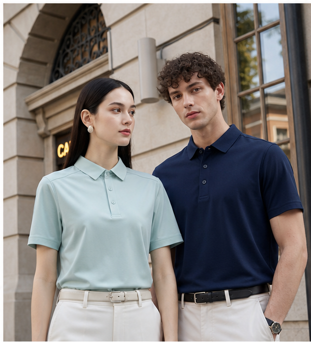 Custom cool-dry commuter polo shirts worn by business casual models