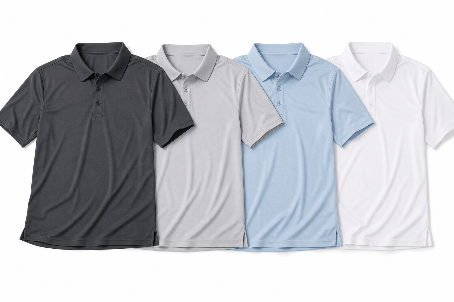 Dark charcoal light grey pale blue and white cool-dry performance polo shirt color options