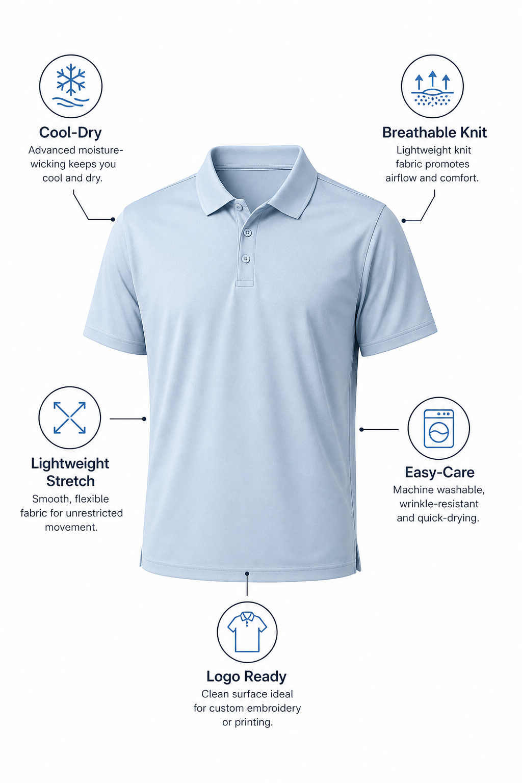 Cool-dry breathable lightweight stretch easy-care and logo-ready feature graphic for performance polo shirts