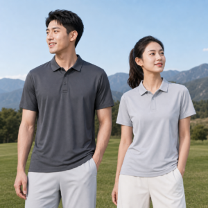 Custom cool-dry performance polo shirts worn by corporate team models