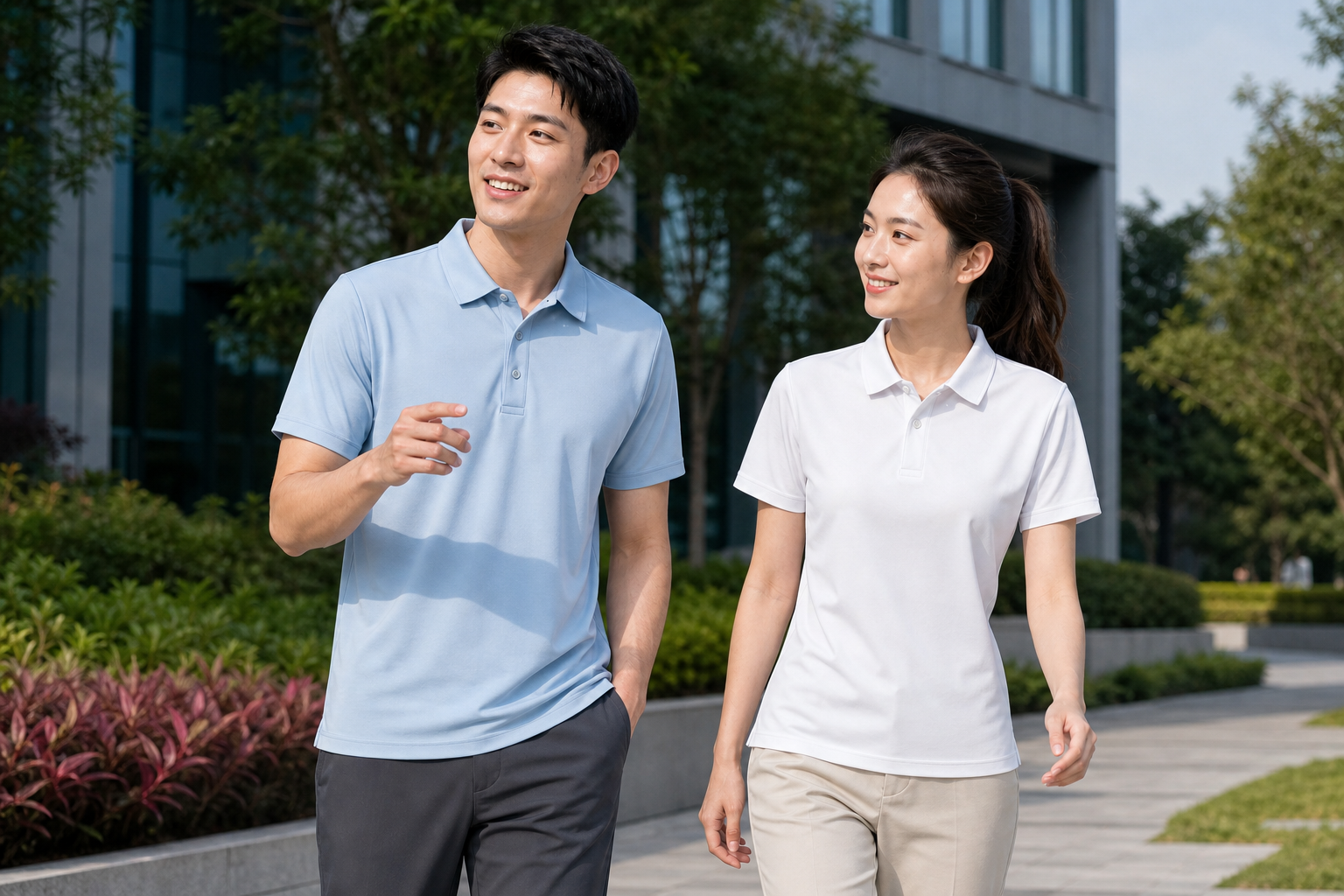 Natural outdoor teamwear scene with lightweight cool-dry performance polo shirts