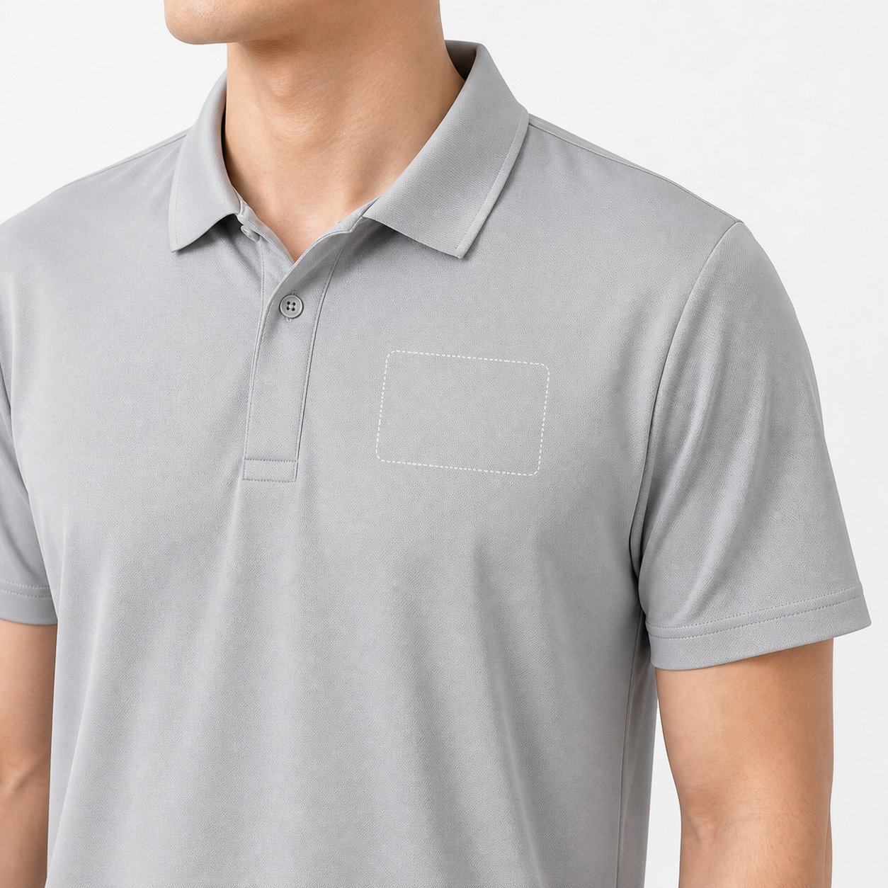 Blank chest logo placement area on a custom cool-dry performance polo shirt