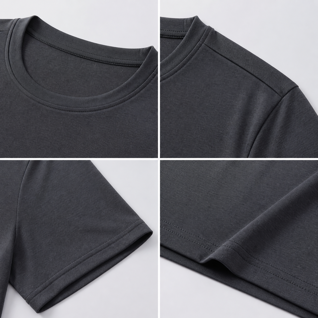 Crew neck collar shoulder seam and sleeve hem detail on a cool-dry performance T-shirt