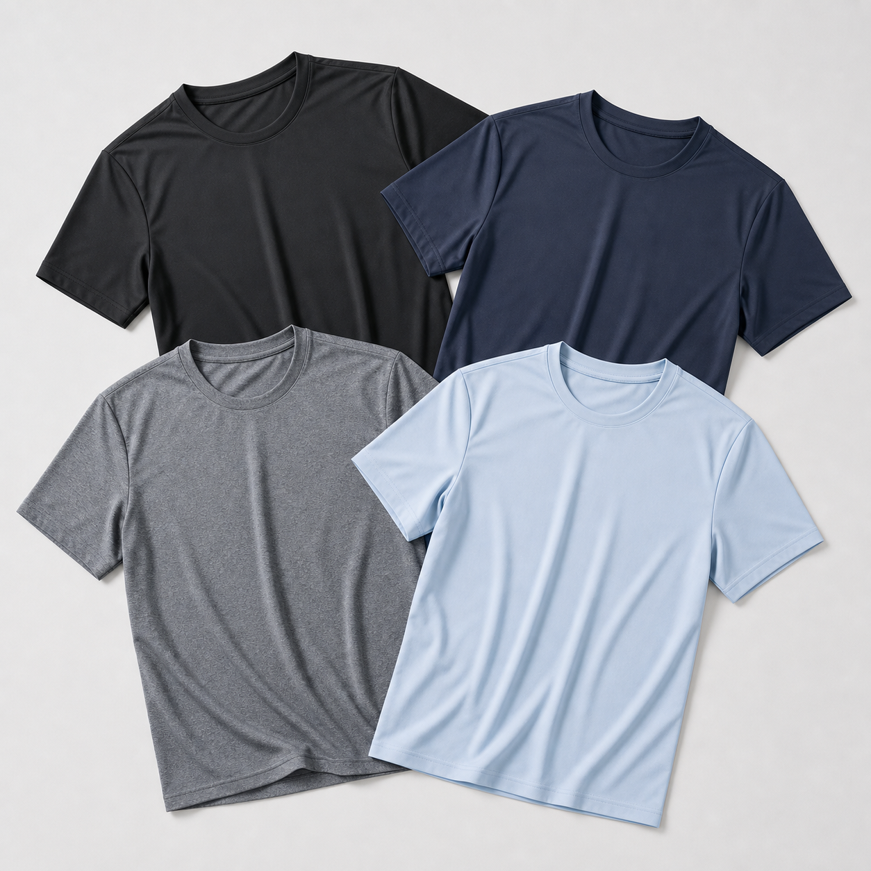 Black dark navy heather grey and pale blue cool-dry performance T-shirt color options