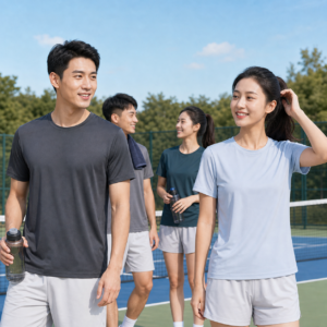 Custom cool-dry performance T-shirts worn by corporate activity team models