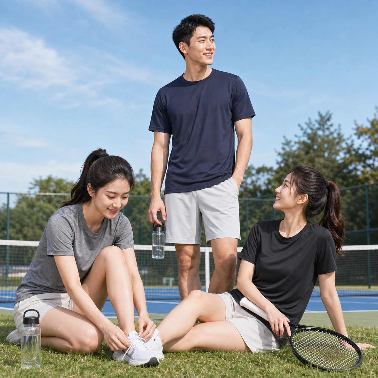 Corporate team wearing cool-dry performance T-shirts during an outdoor activity break