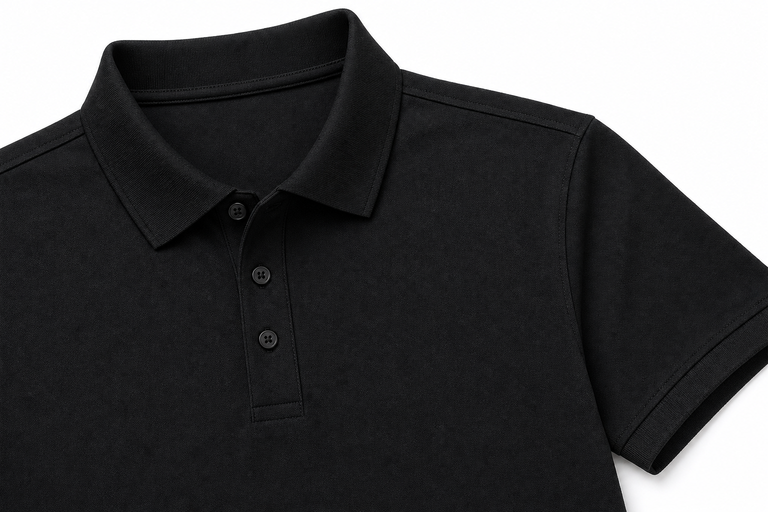 Black cooling knit business polo collar short placket shoulder seam and sleeve cuff detail