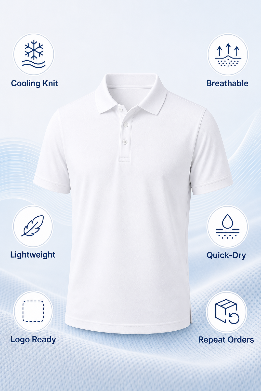 Cooling knit breathable lightweight quick-dry logo-ready and repeat-order feature graphic