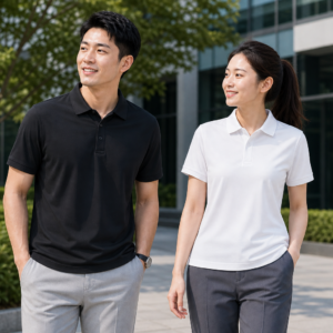 Custom cooling knit business polo shirts worn by corporate team models