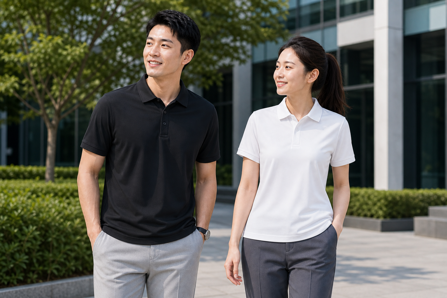 Custom cooling knit business polo shirts worn by corporate team models