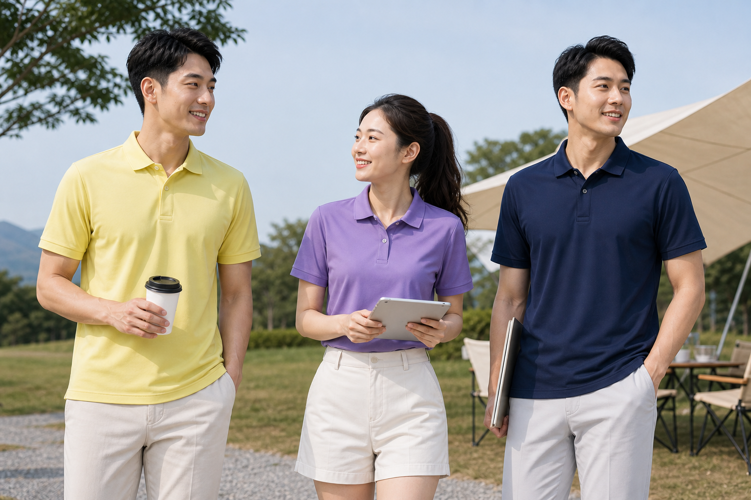 Corporate staff wearing cooling knit business polo shirts in outdoor summer team setting