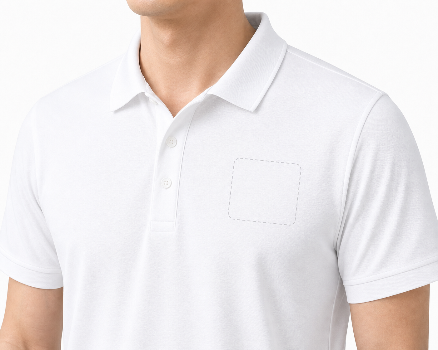 Blank left chest logo placement area on white cooling knit business polo shirt