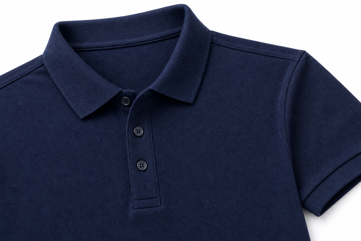 Ribbed collar three-button placket sleeve cuff and shoulder seam detail on cotton pique polo shirt