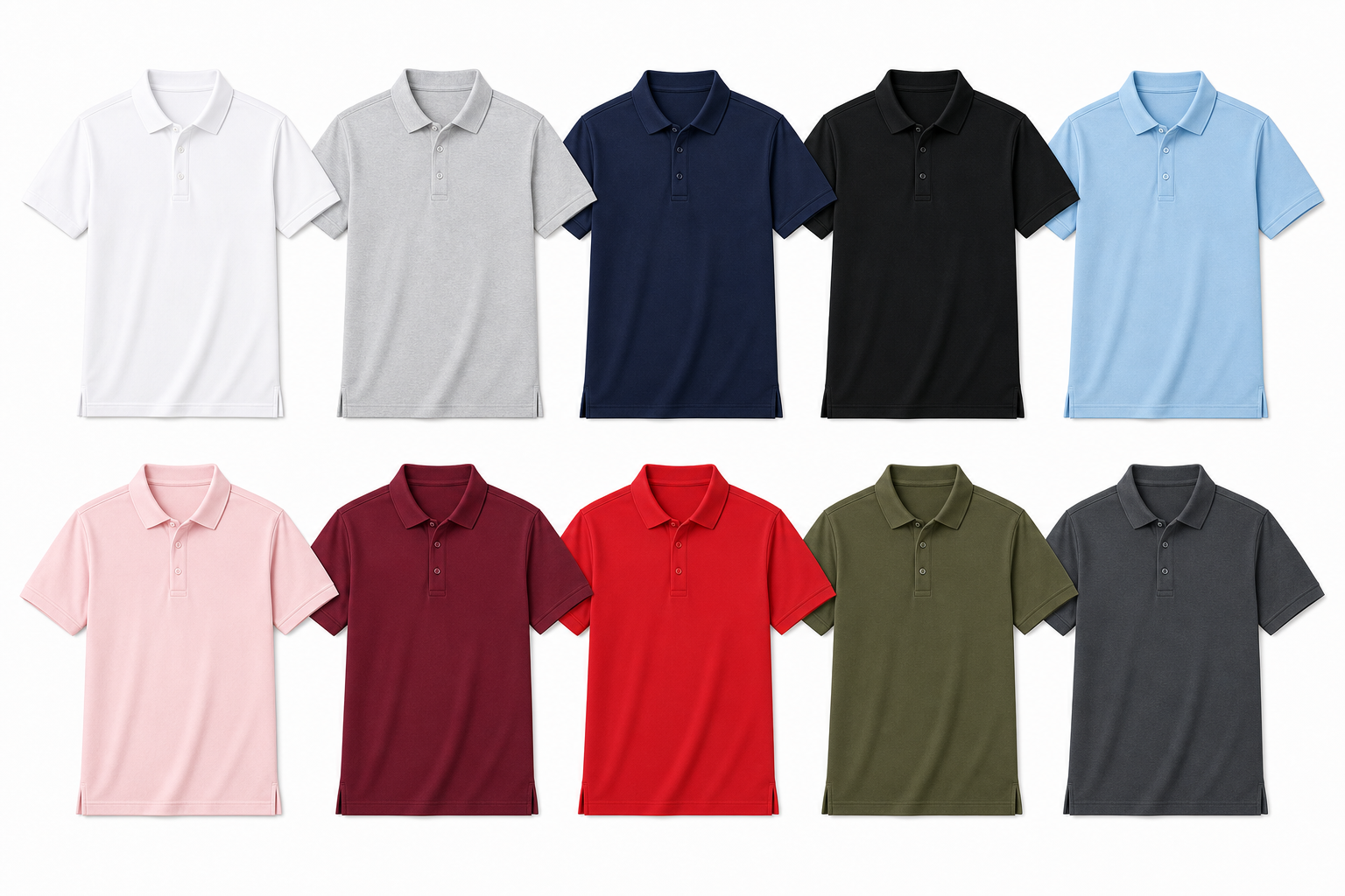 White grey navy black sky blue pink burgundy red olive and charcoal cotton pique polo color options