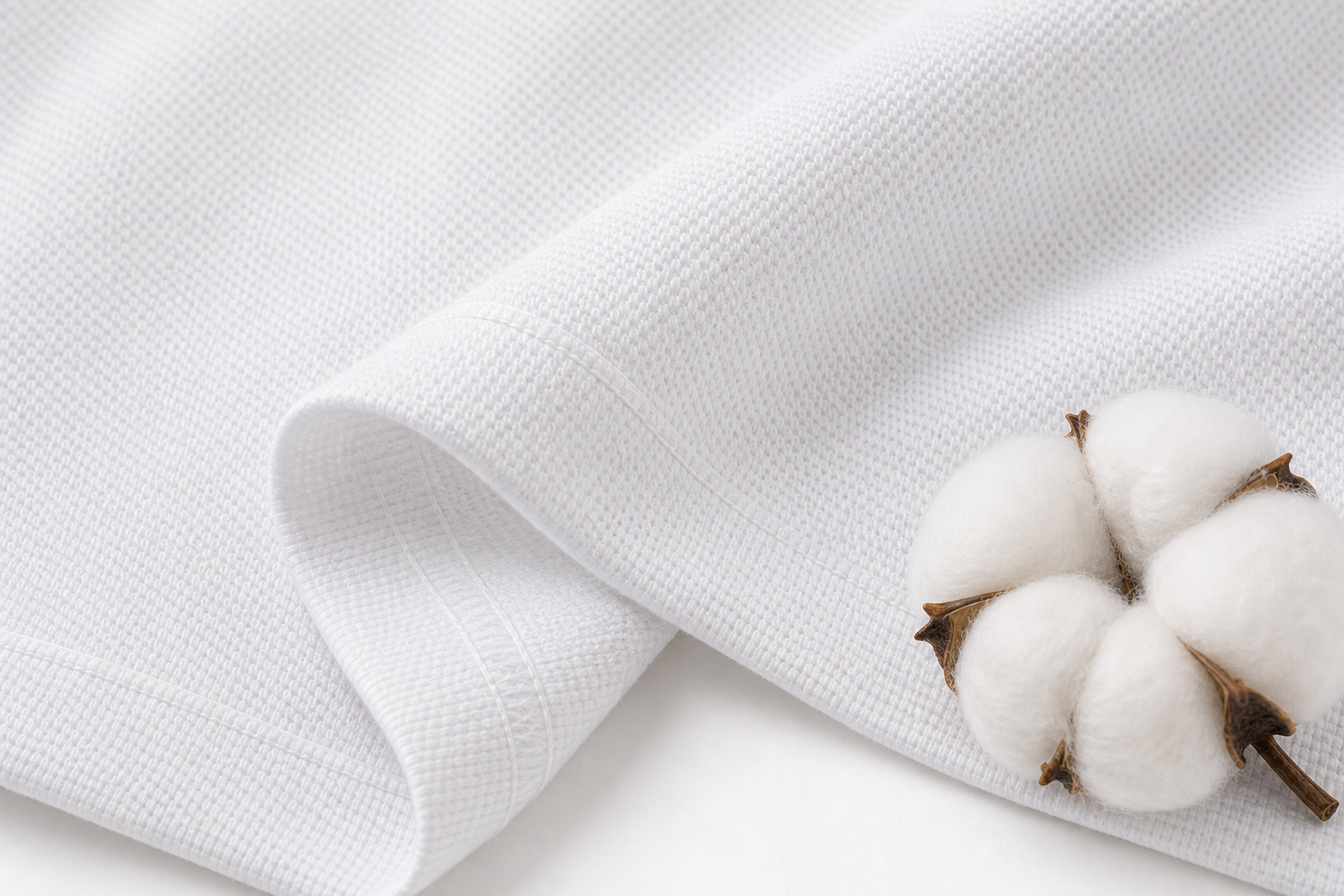 Close-up breathable cotton pique knit fabric with honeycomb texture and cotton material cue
