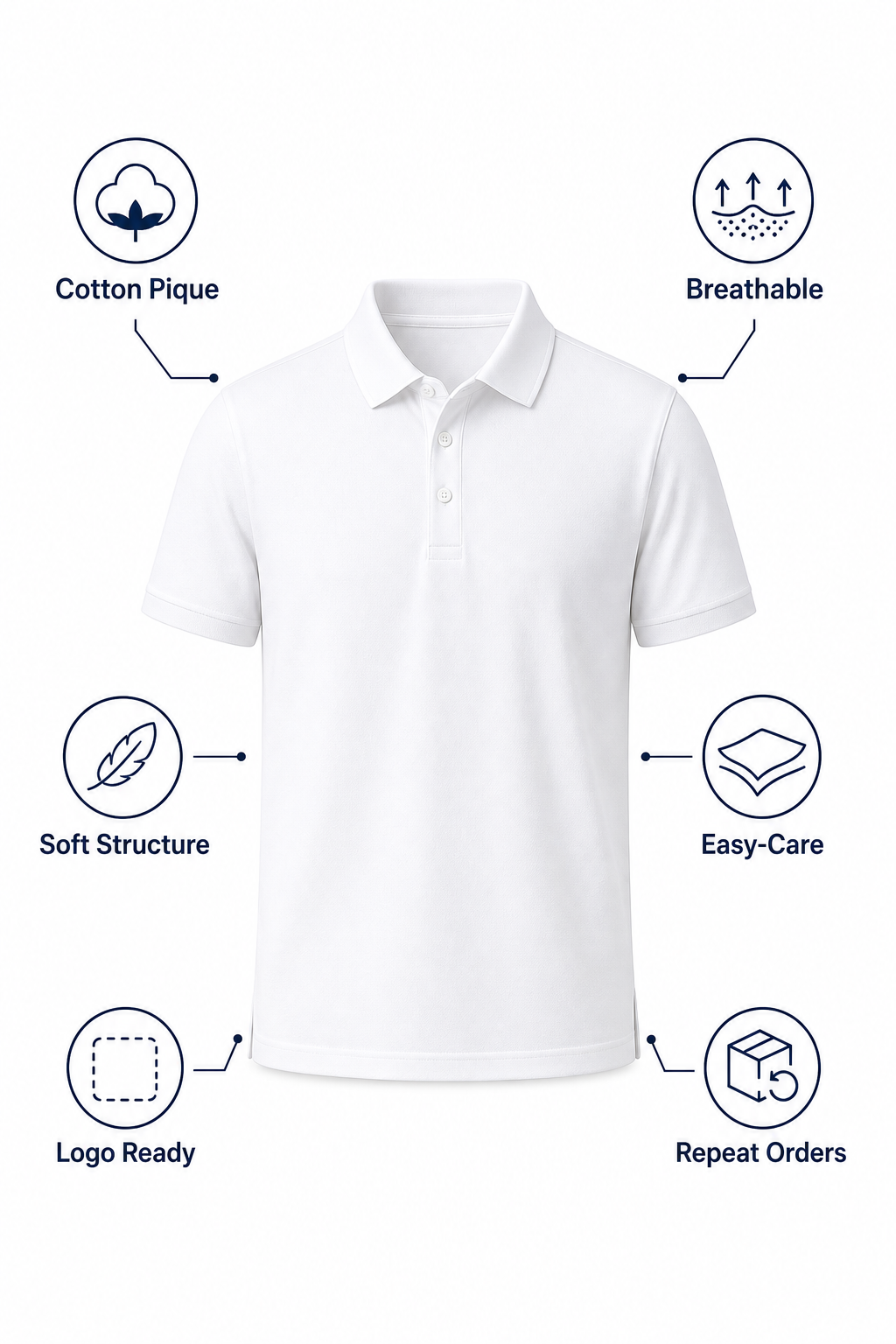 Cotton pique breathable soft structure easy-care logo-ready and repeat-order feature graphic