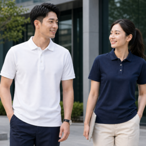 Custom cotton pique corporate polo shirts worn by office team models