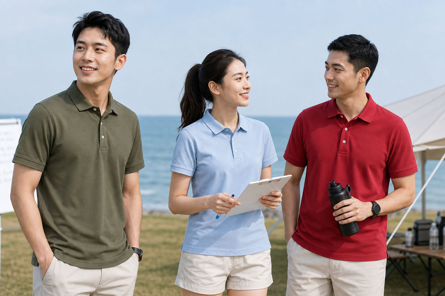 Corporate staff wearing cotton pique polo shirts in outdoor team activity setting