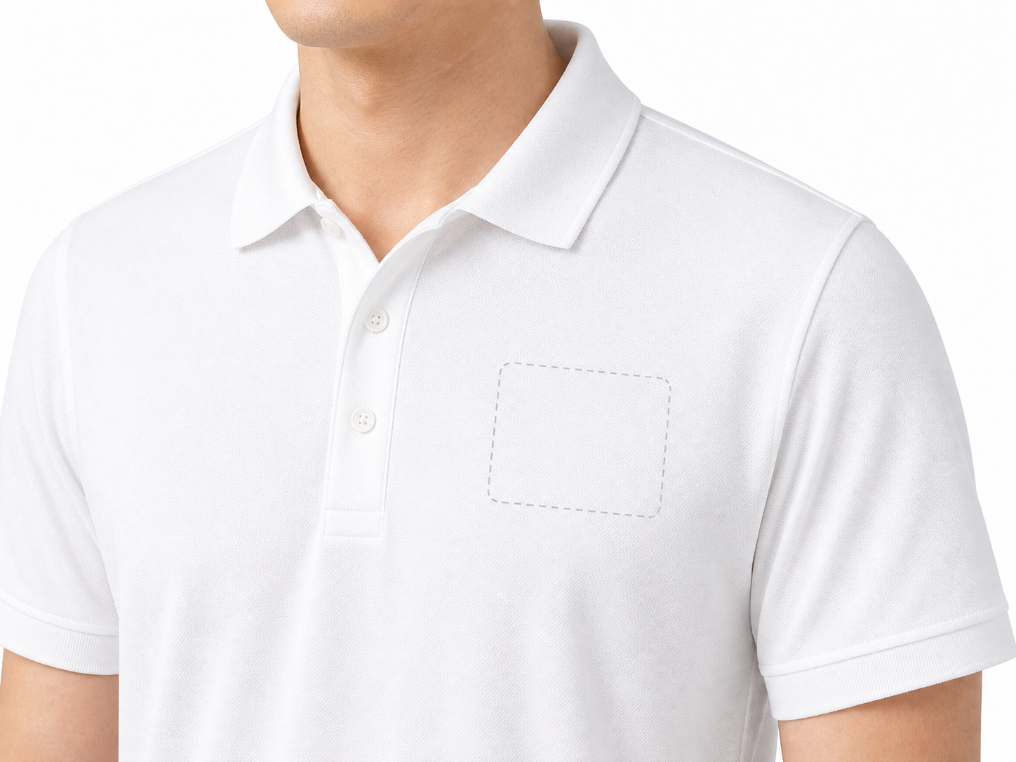 Blank left chest logo placement area on a white cotton pique corporate polo shirt