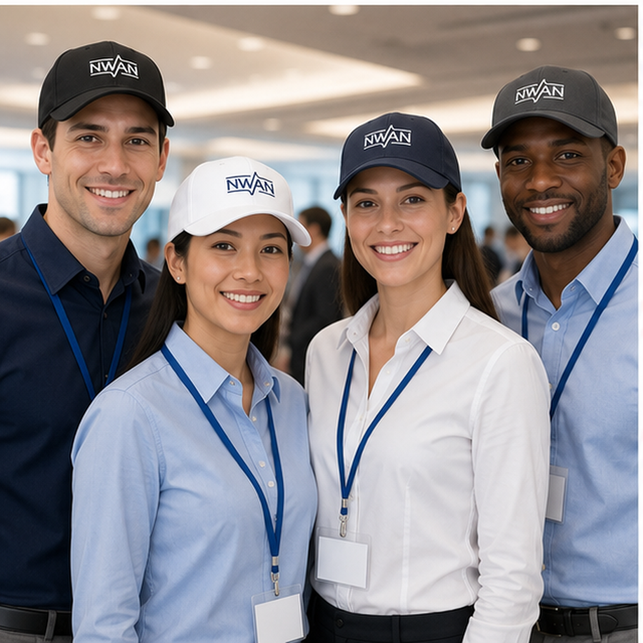Corporate event staff wearing branded baseball caps with embroidered NWAN logos