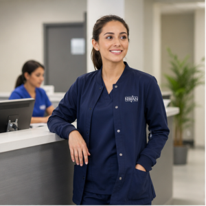 Female clinician wearing navy scrub jacket with embroidered NWAN logo at clinic reception