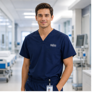 Male healthcare worker wearing navy scrub set with embroidered NWAN logo in hospital corridor